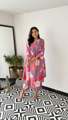 Trending Grey Pink Flower Cotton Kurta Pant set