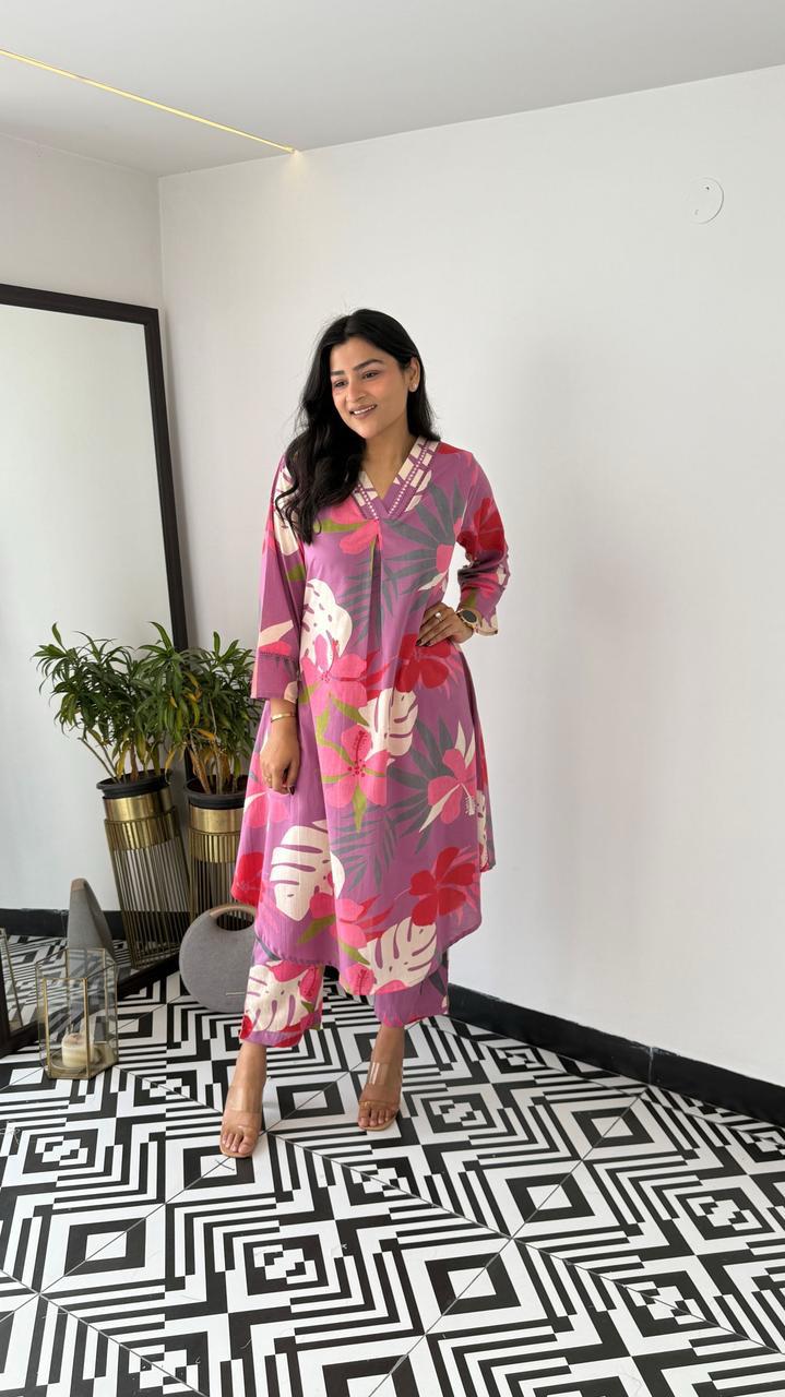 Trending Grey Pink Flower Cotton Kurta Pant set