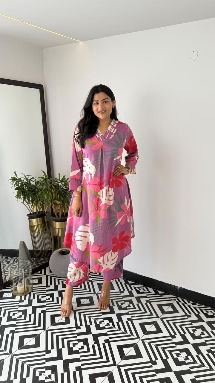 Trending Grey Pink Flower Cotton Kurta Pant set