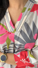 Trending White Pink Flower Cotton Kurta Pant set
