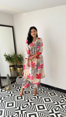 Trending White Pink Flower Cotton Kurta Pant set