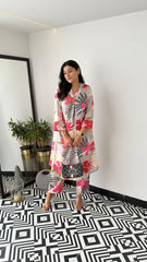 Trending White Pink Flower Cotton Kurta Pant set