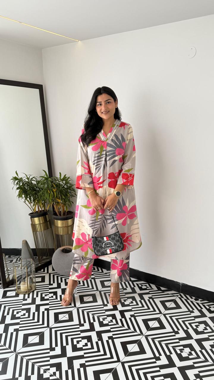 Trending White Pink Flower Cotton Kurta Pant set