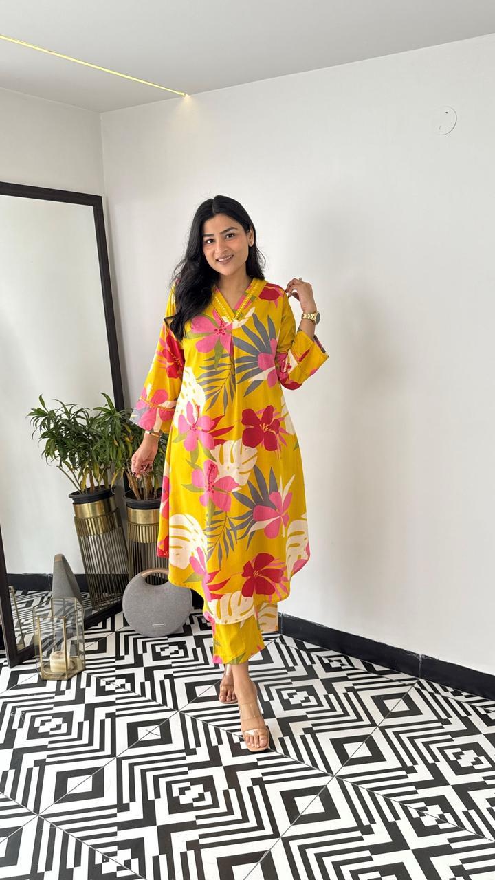 Trending Yellow Flower Cotton Kurta Pant set