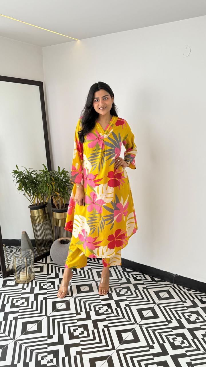 Trending Yellow Flower Cotton Kurta Pant set