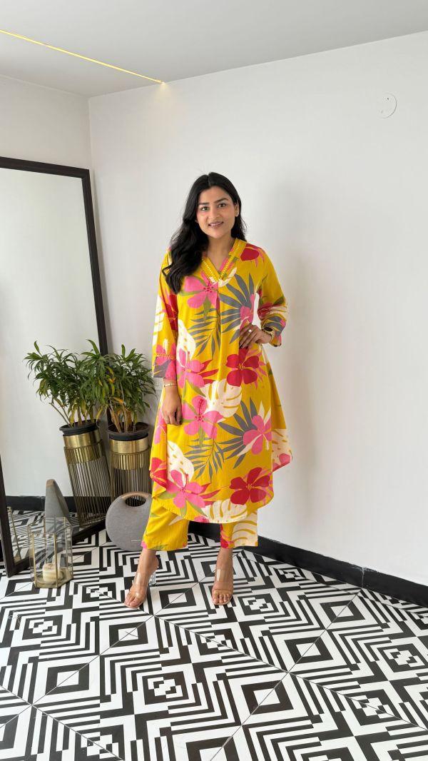 Trending Yellow Flower Cotton Kurta Pant set