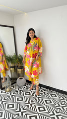 Trending Yellow Flower Cotton Kurta Pant set