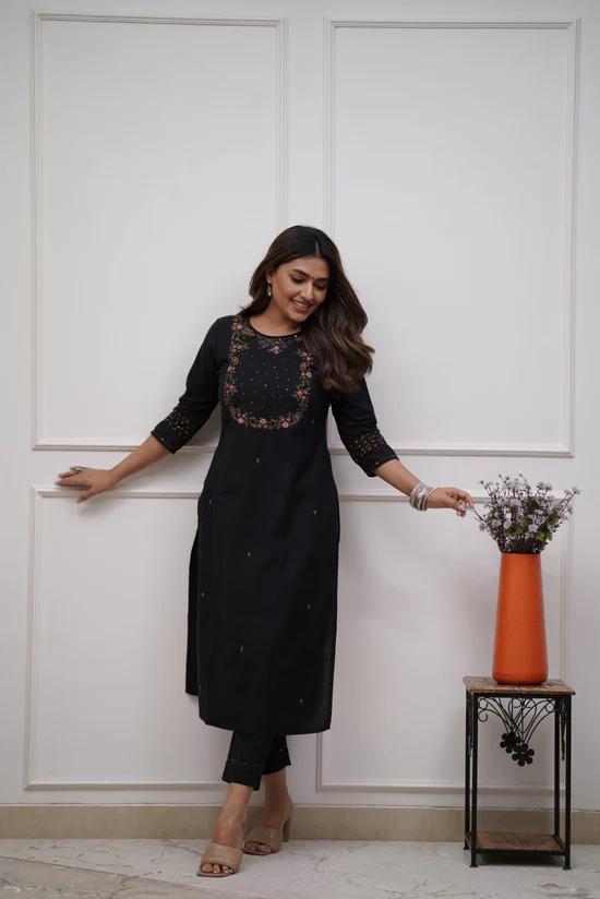 Women Trending Black Cotton Embroidery Kurta and Pant set