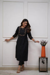 Women Trending Black Cotton Embroidery Kurta and Pant set