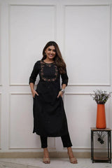 Women Trending Black Cotton Embroidery Kurta and Pant set