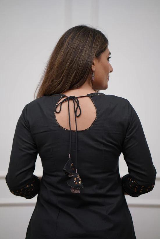 Women Trending Black Cotton Embroidery Kurta and Pant set