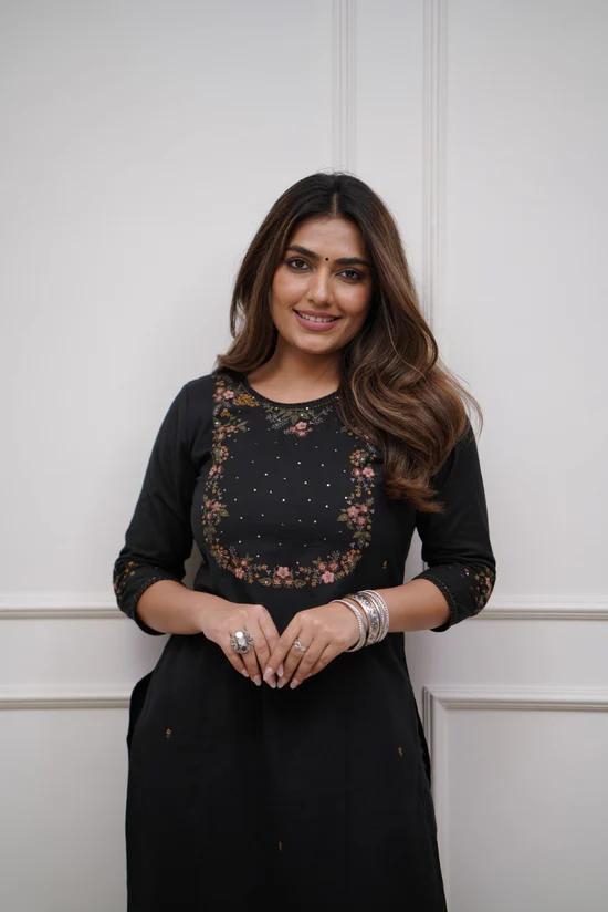 Women Trending Black Cotton Embroidery Kurta and Pant set