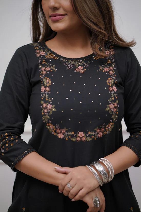 Women Trending Black Cotton Embroidery Kurta and Pant set