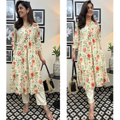 Women White Cotton Pervious kurta pant set