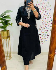 Women Black Cotton Embroidery Kurta Pant set