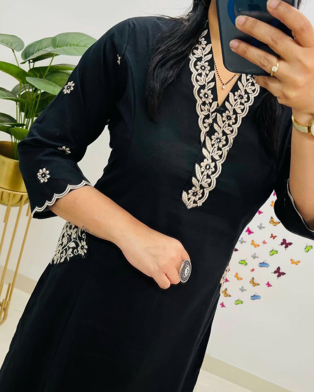 Women Black Cotton Embroidery Kurta Pant set