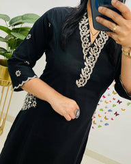 Women Black Cotton Embroidery Kurta Pant set