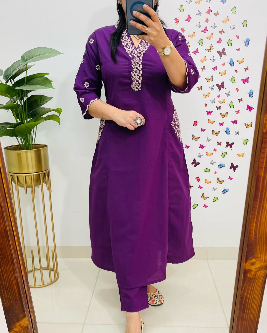Women Purple Cotton Embroidery Kurta Pant set