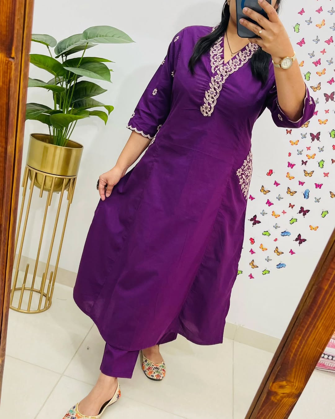 Women Purple Cotton Embroidery Kurta Pant set