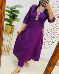Women Purple Cotton Embroidery Kurta Pant set