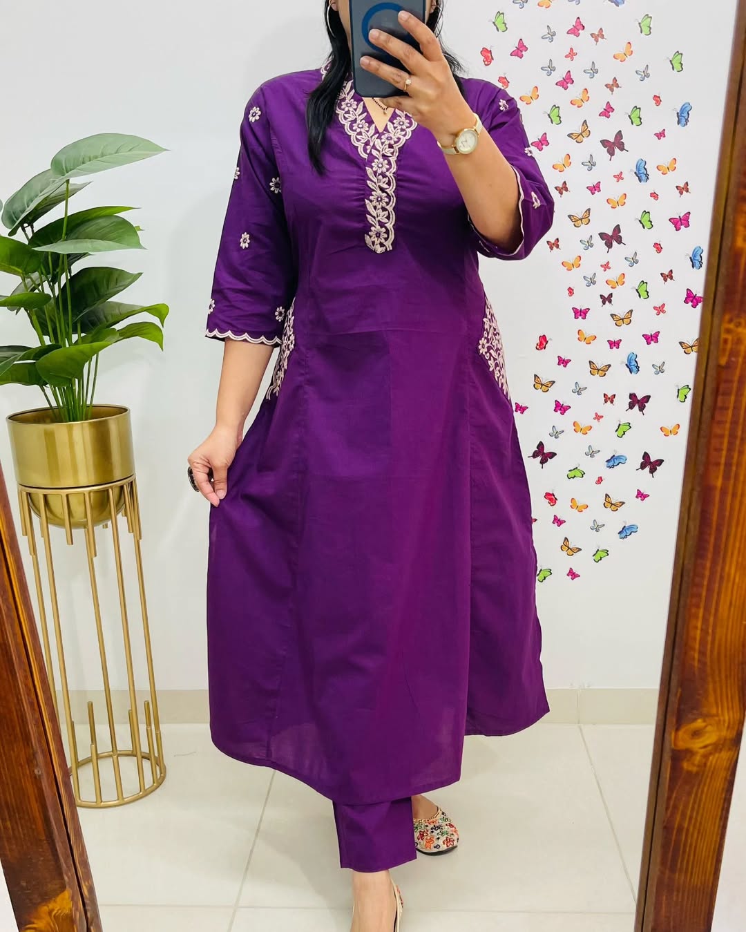 Women Purple Cotton Embroidery Kurta Pant set