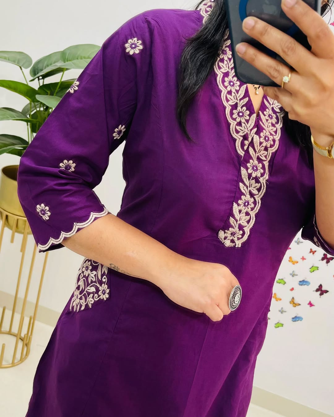 Women Purple Cotton Embroidery Kurta Pant set