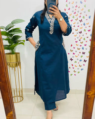 Women Blue Cotton Embroidery Kurta Pant set