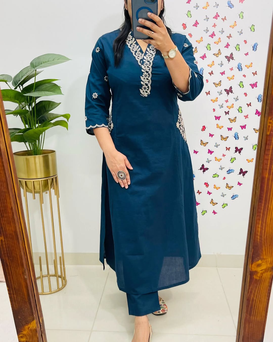 Women Blue Cotton Embroidery Kurta Pant set