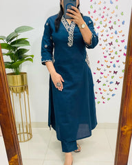 Women Blue Cotton Embroidery Kurta Pant set