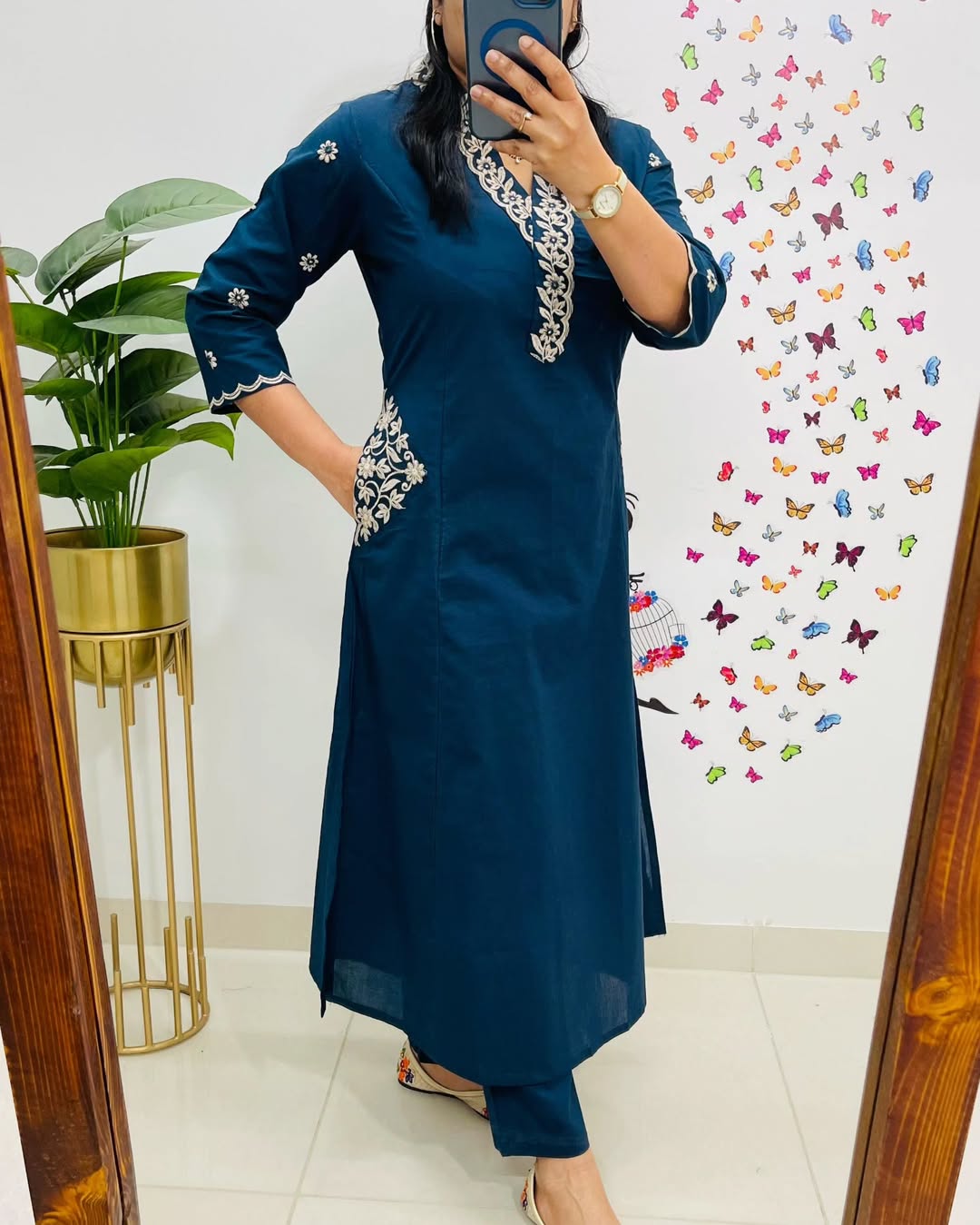 Women Blue Cotton Embroidery Kurta Pant set
