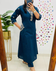 Women Blue Cotton Embroidery Kurta Pant set