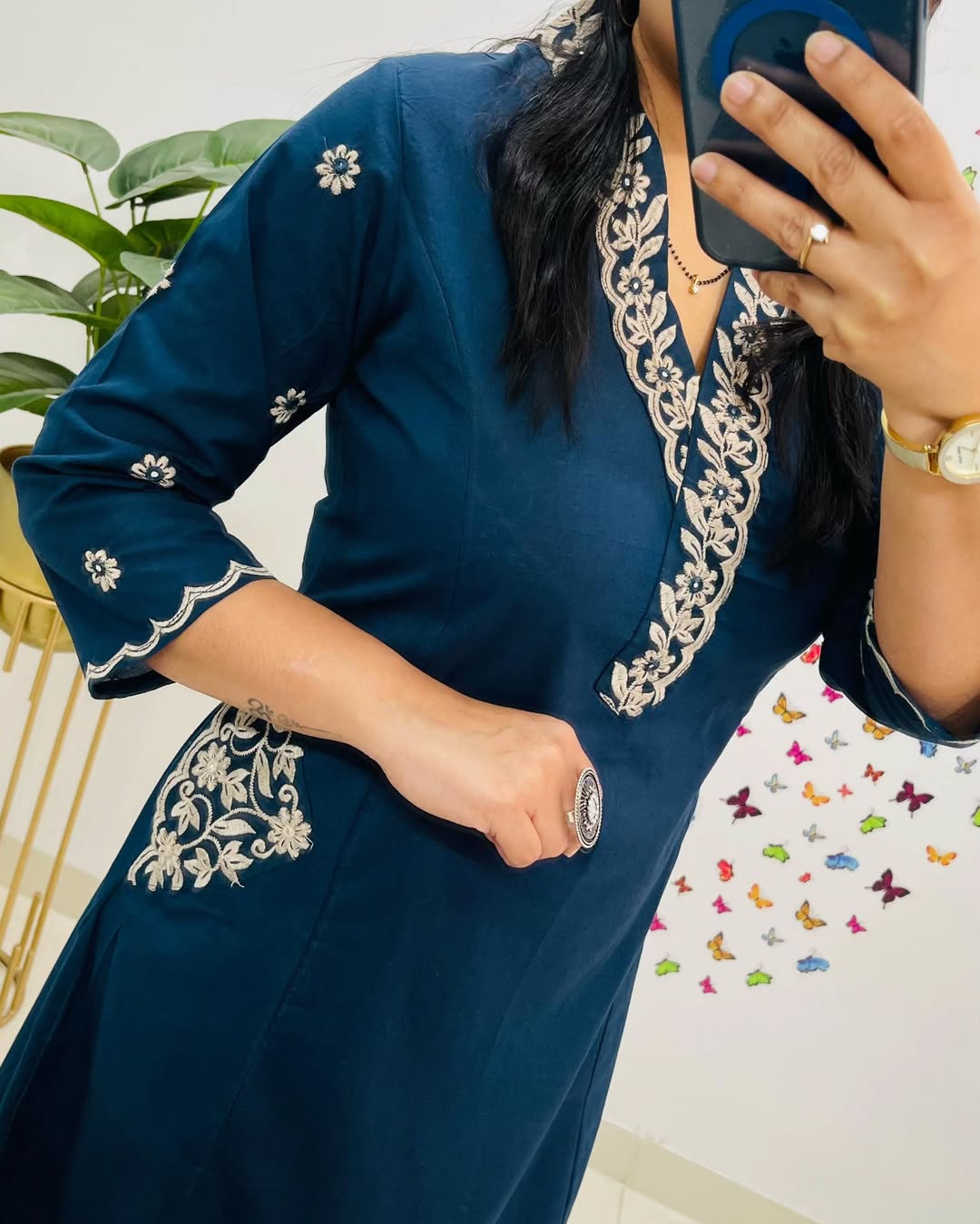 Women Blue Cotton Embroidery Kurta Pant set