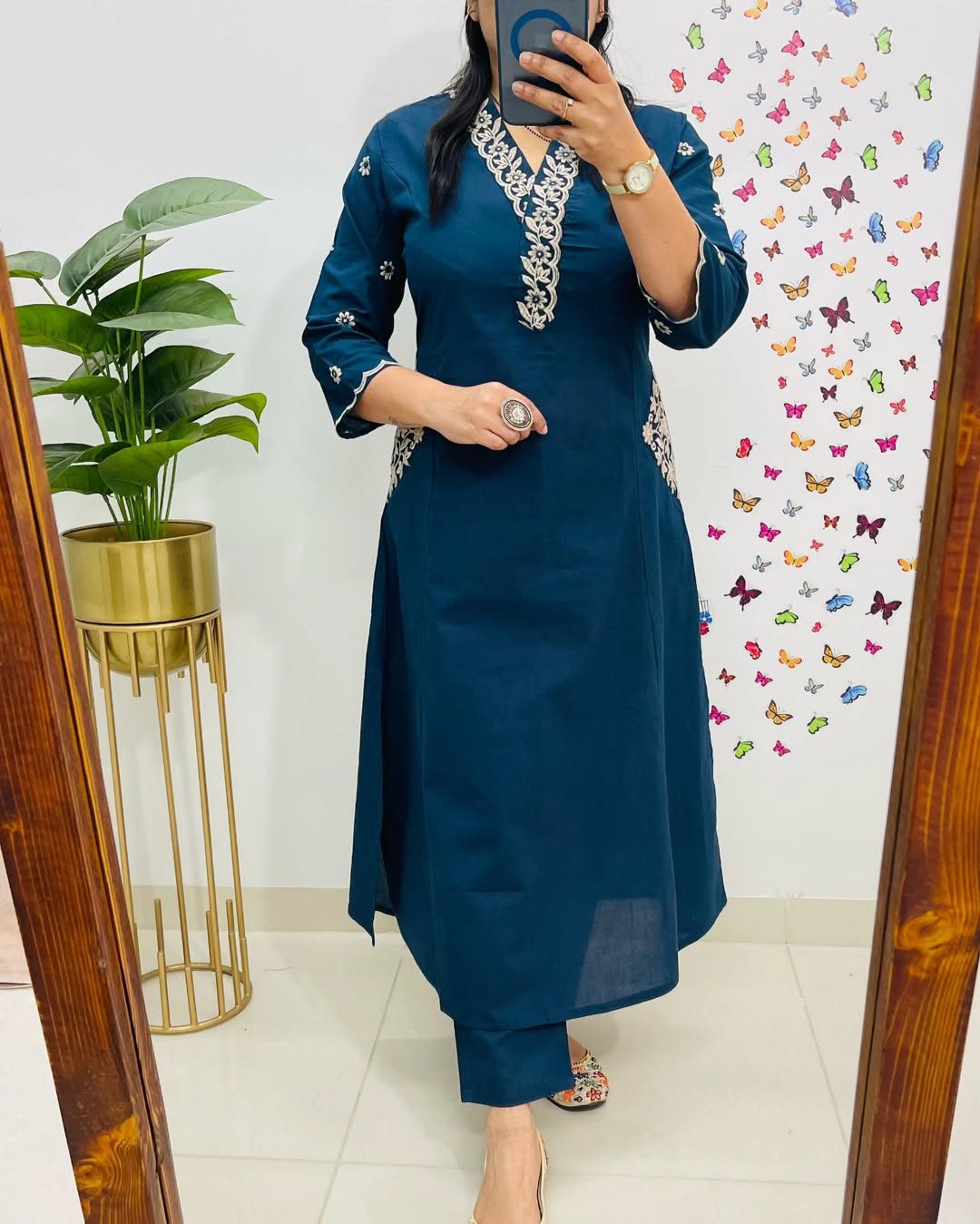 Women Blue Cotton Embroidery Kurta Pant set
