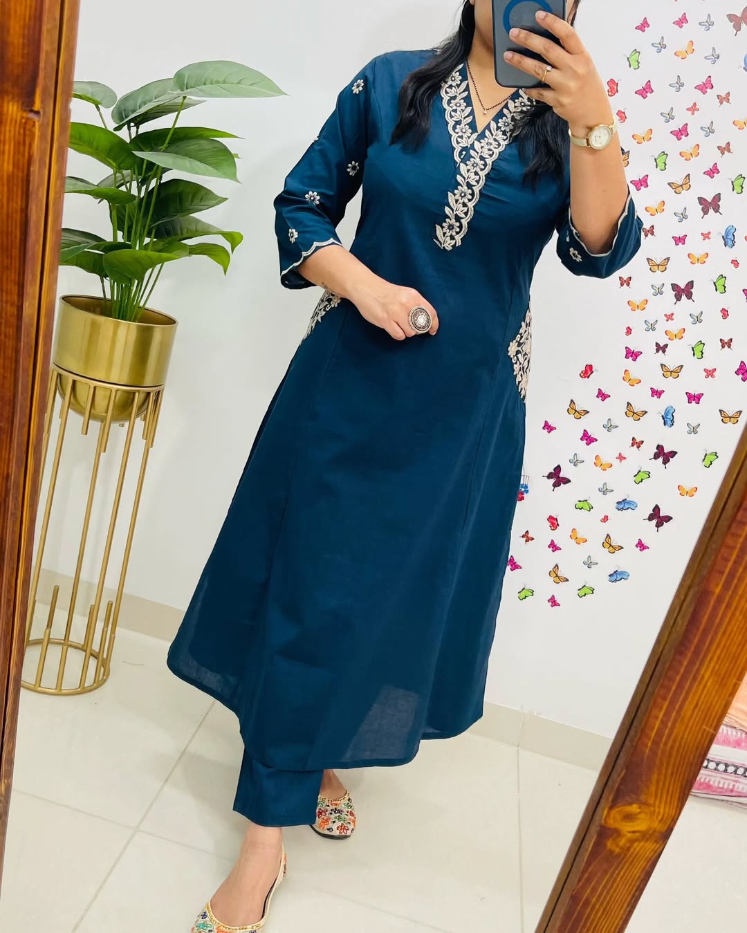 Women Blue Cotton Embroidery Kurta Pant set