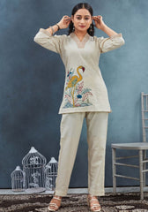 Women Off-White Cotton Duck Embroidery Co-Ord set