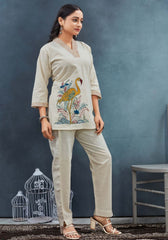 Women Off-White Cotton Duck Embroidery Co-Ord set