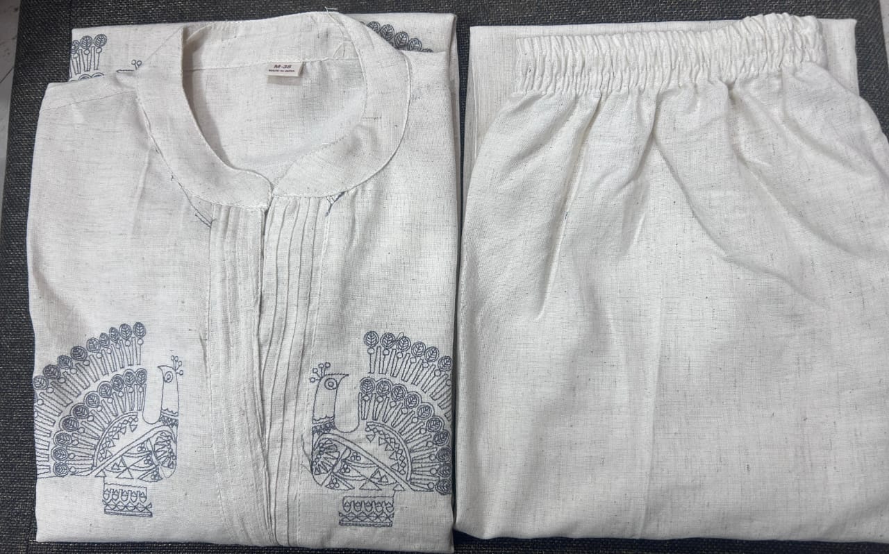 Women Off-White Cotton Embroidery Cock Kurta Pant set