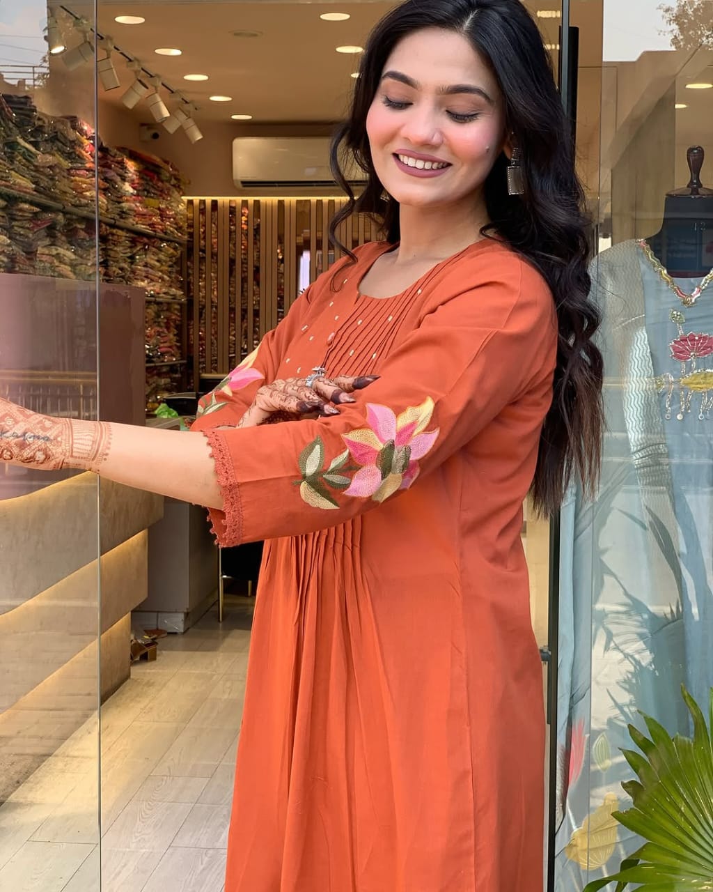 Women Orange Cotton Embroidery Kurta Pant set