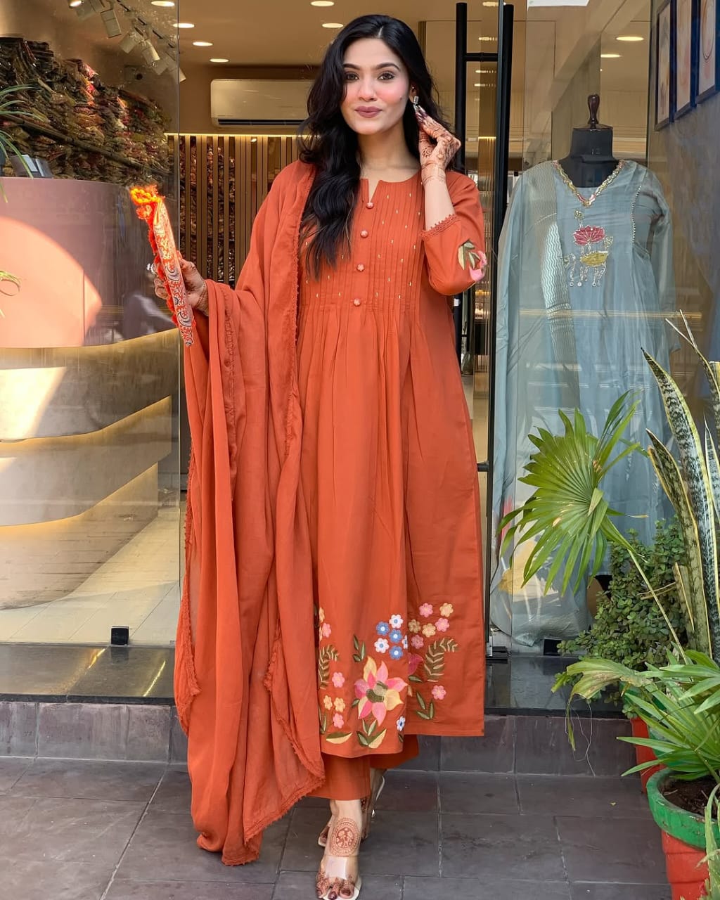 Women Orange Cotton Embroidery Kurta Pant set