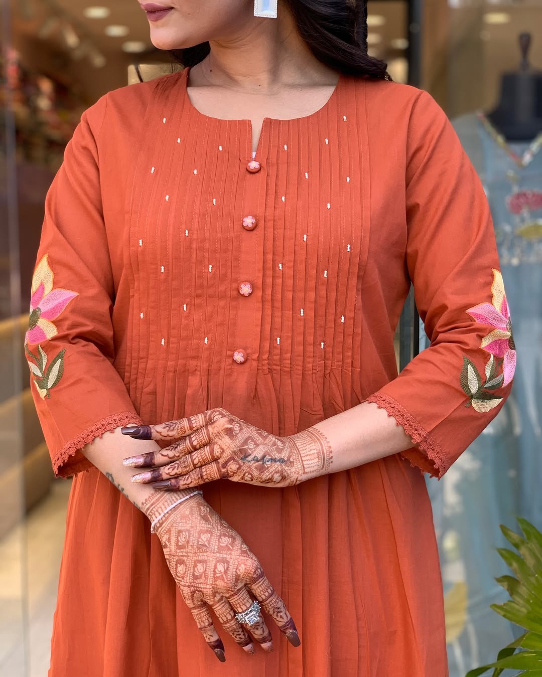 Women Orange Cotton Embroidery Kurta Pant set