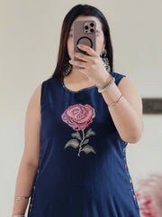 Women Blue Embroidery Rose Kurta Pant set