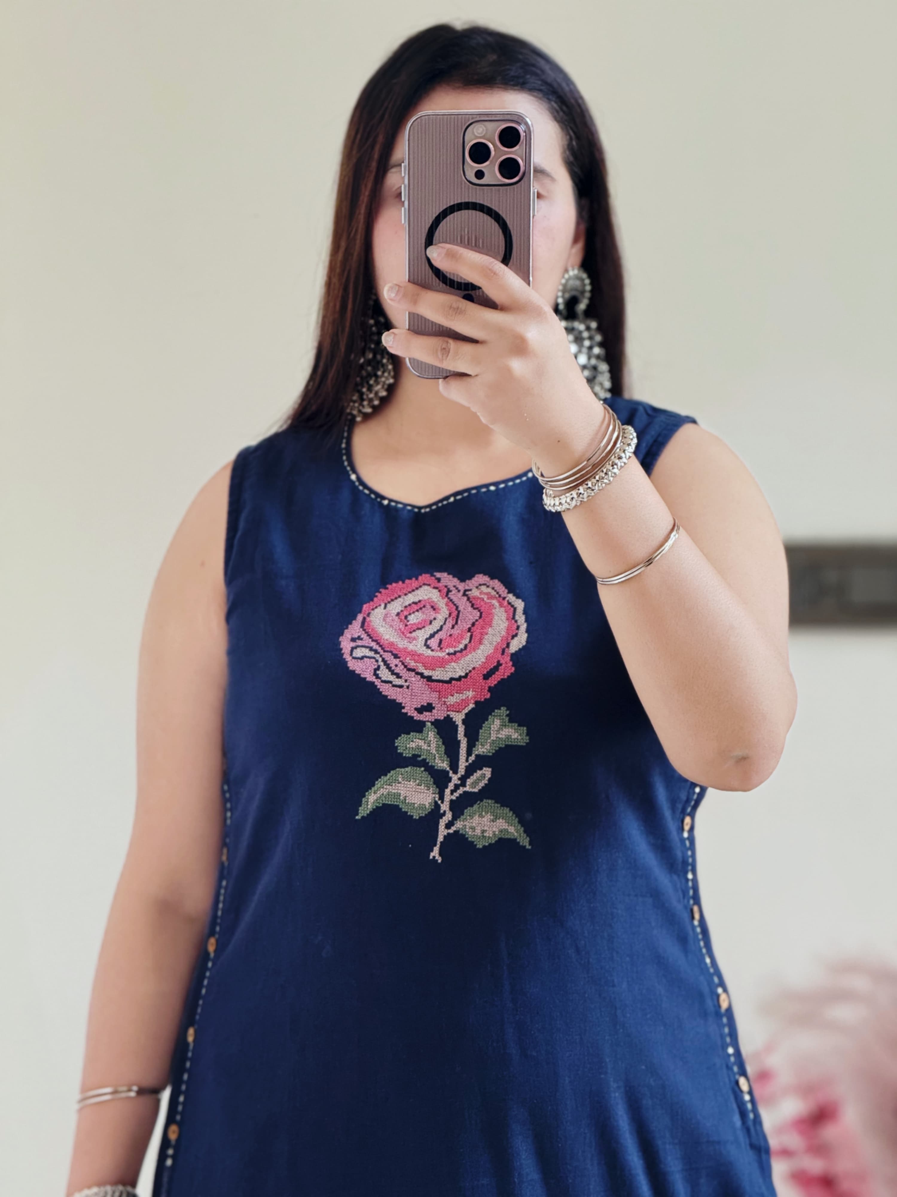 Women Blue Embroidery Rose Kurta Pant set
