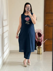 Women Blue Embroidery Rose Kurta Pant set