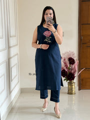 Women Blue Embroidery Rose Kurta Pant set