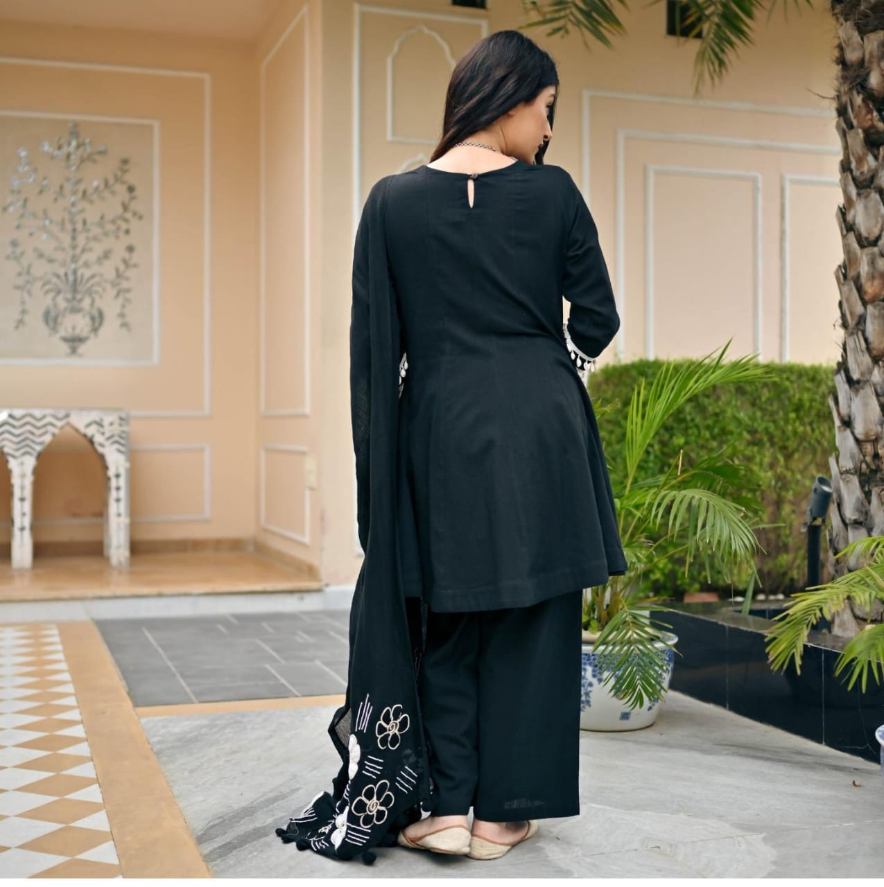 Summer Rival Black Cotton Kurta Pant and Dupatta set