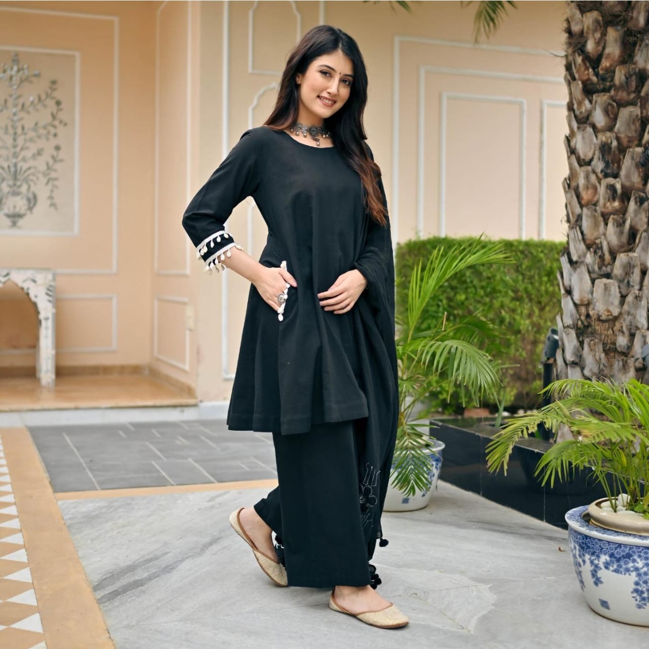 Summer Rival Black Cotton Kurta Pant and Dupatta set
