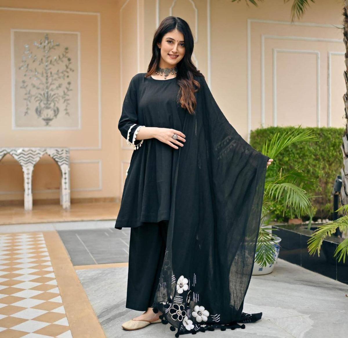 Summer Rival Black Cotton Kurta Pant and Dupatta set