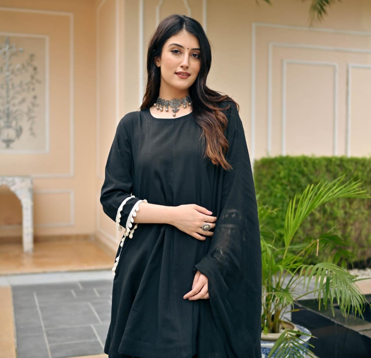 Summer Rival Black Cotton Kurta Pant and Dupatta set