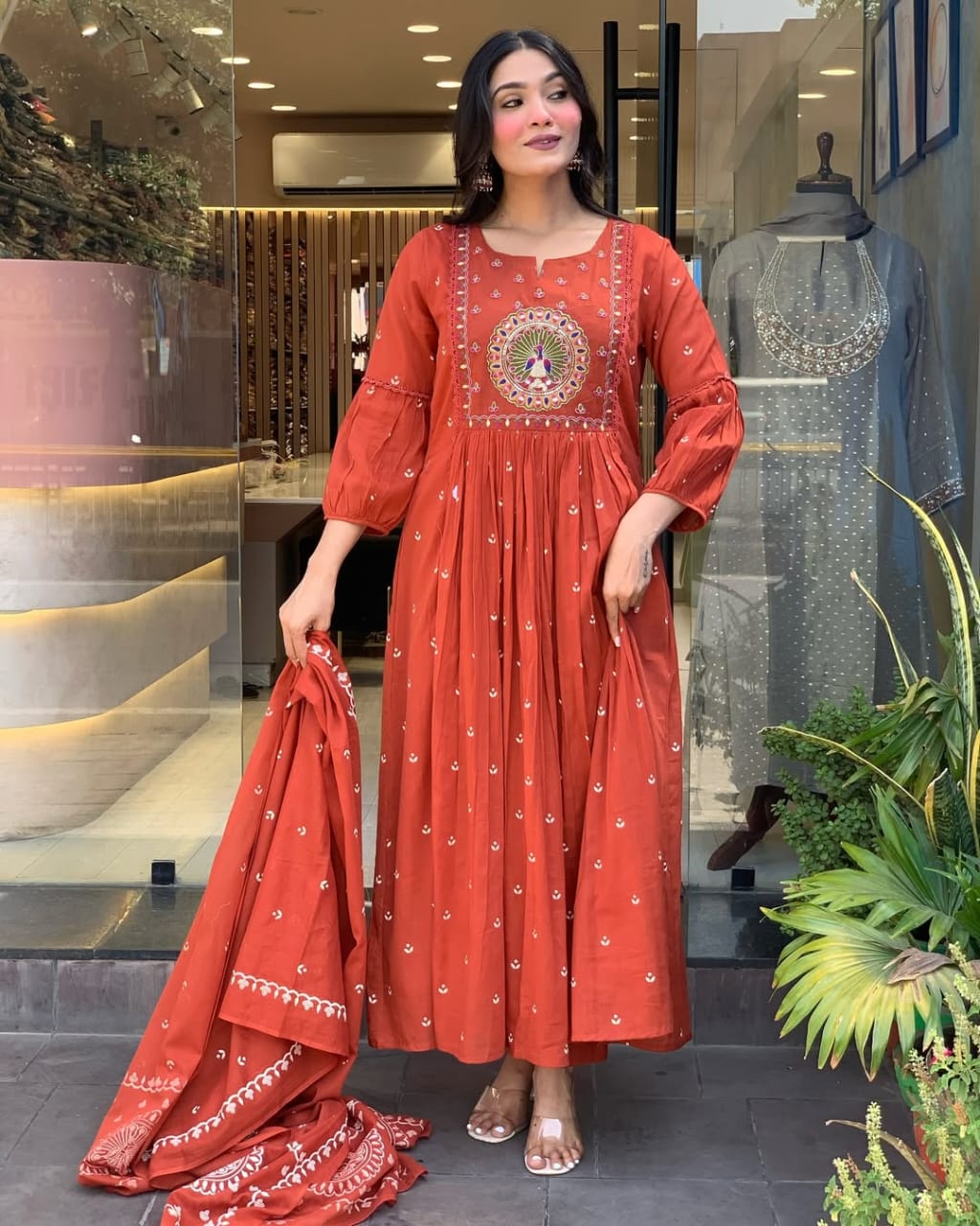 Women Rust Cotton Embroidery Kurta Panty and Mulmul Dupatta set