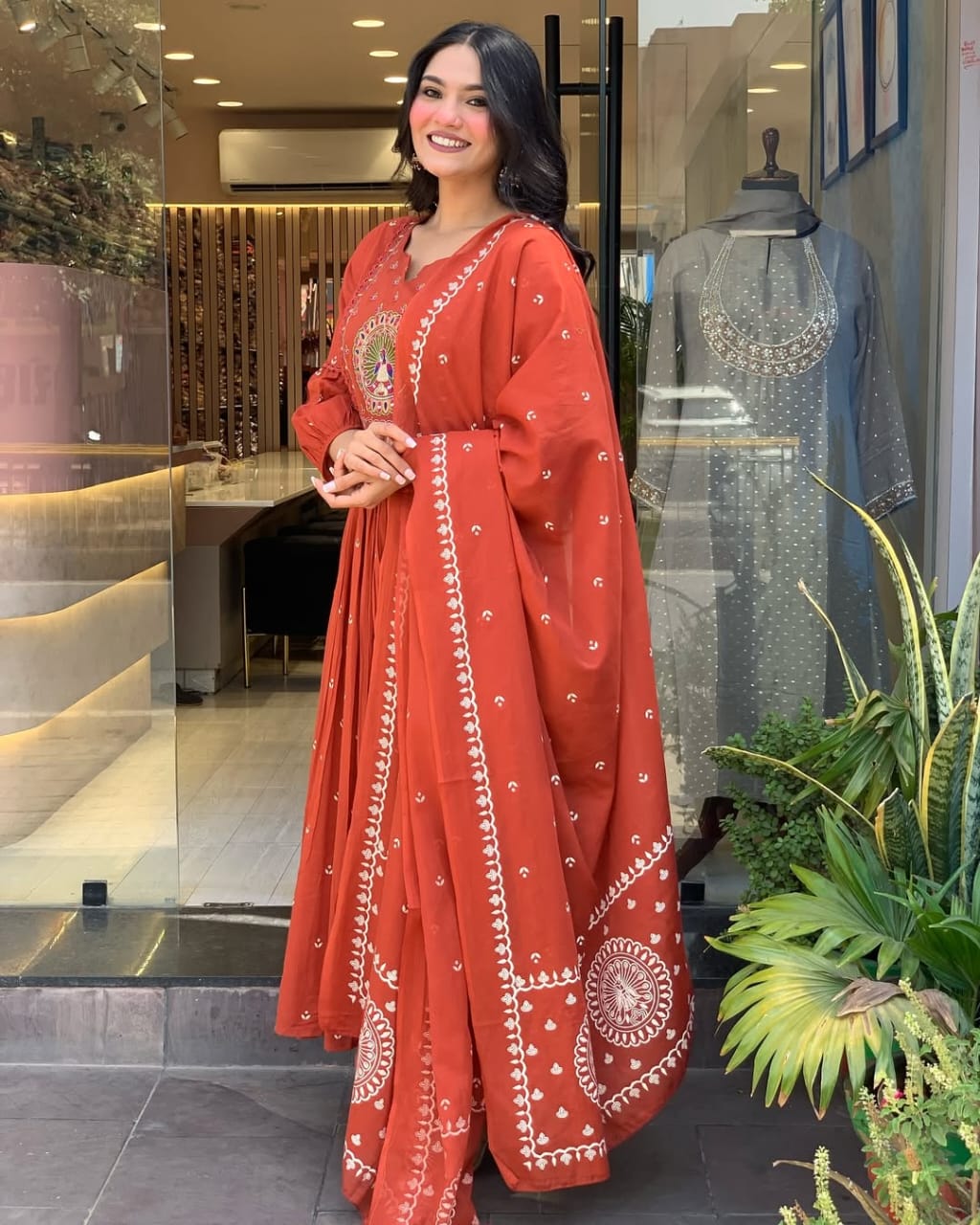 Women Rust Cotton Embroidery Kurta Panty and Mulmul Dupatta set